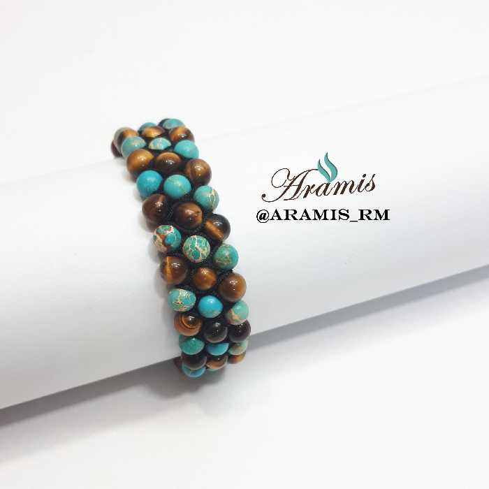 دستبند سه ردیفه سنگ فیروزه اصل آفریقایی و چشم ببر با بافتی زیبا