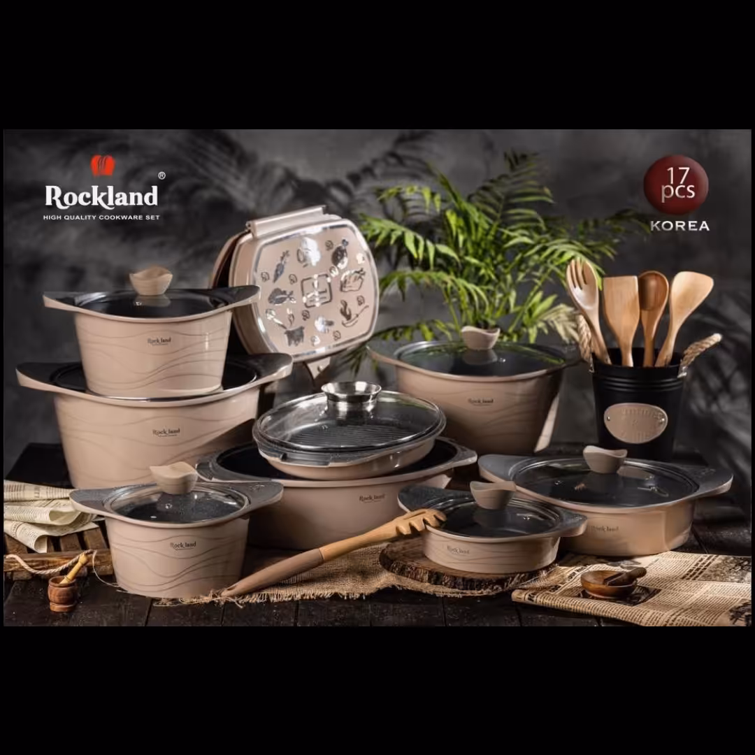 سرویس قابلمه چدن گرانیت 17 پارچه برند راکلند مدل موجی رنگ نسکافه ای 