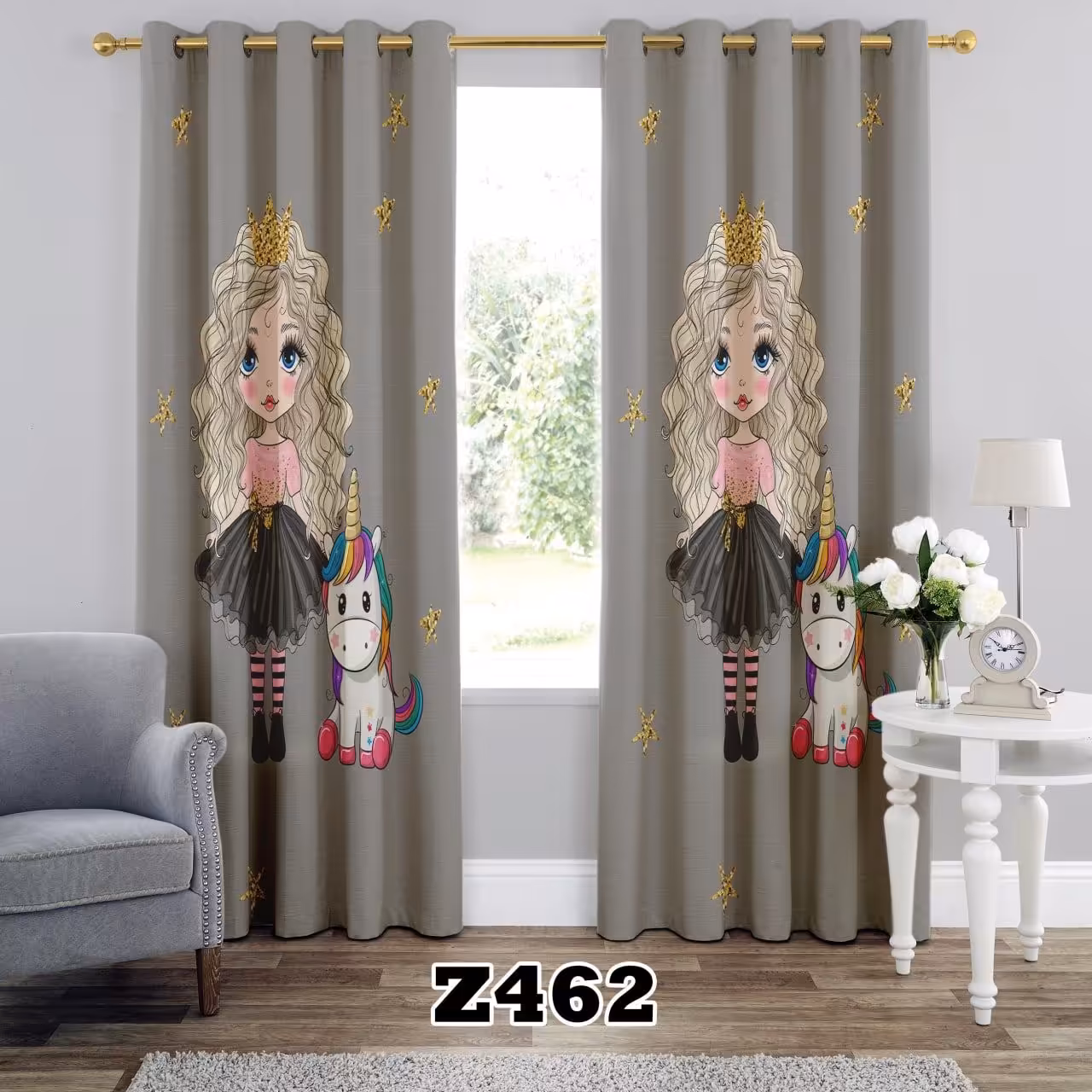 پرده اتاق کودک دختر موفرفری و اسب تکشاخ بروا گالری با کیفیت و دوخت بسیار عالی