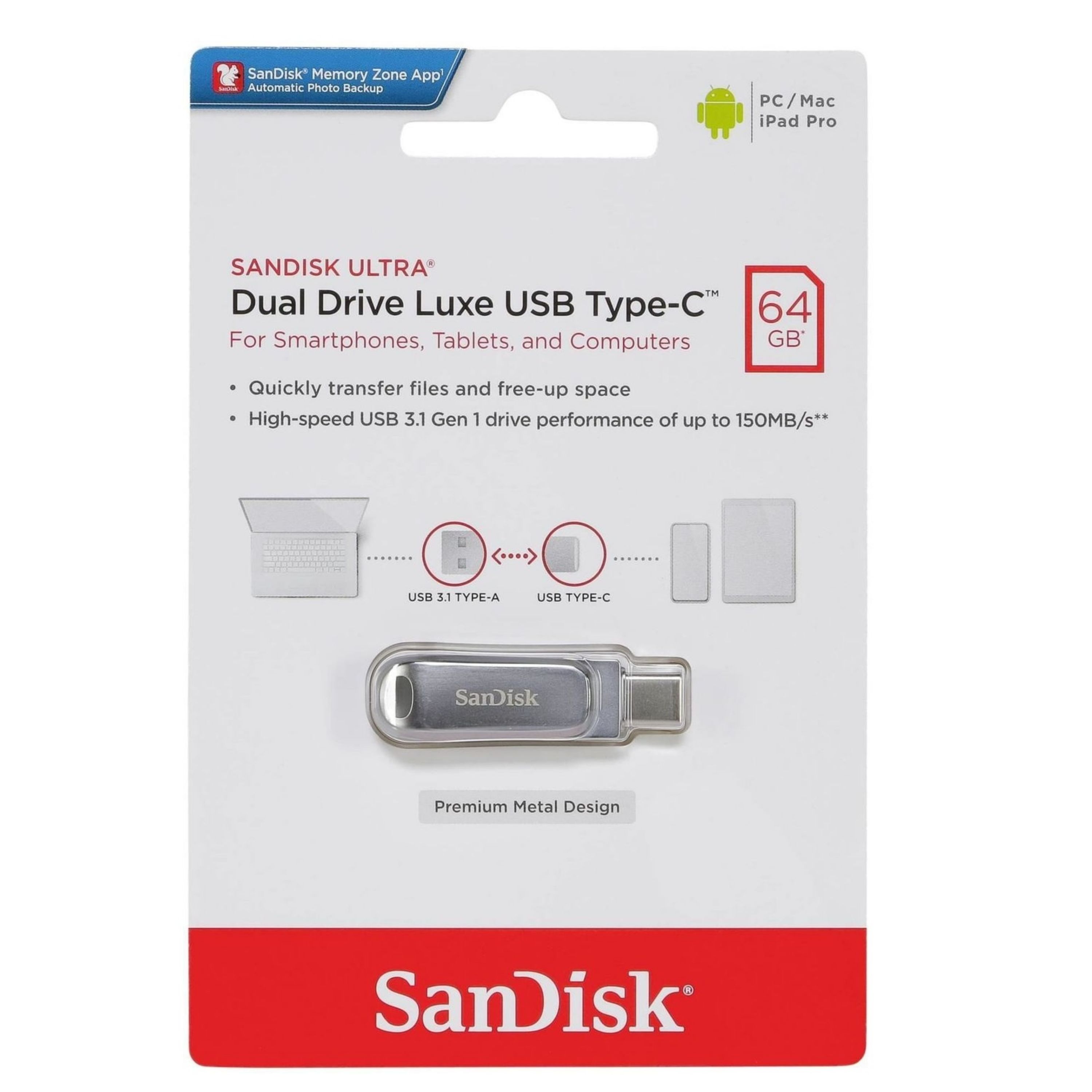 فلش 64GB USB 3.1 - TypeC SanDisk Ultra Dual Drive Luxe با گارانتی 3 ساله
