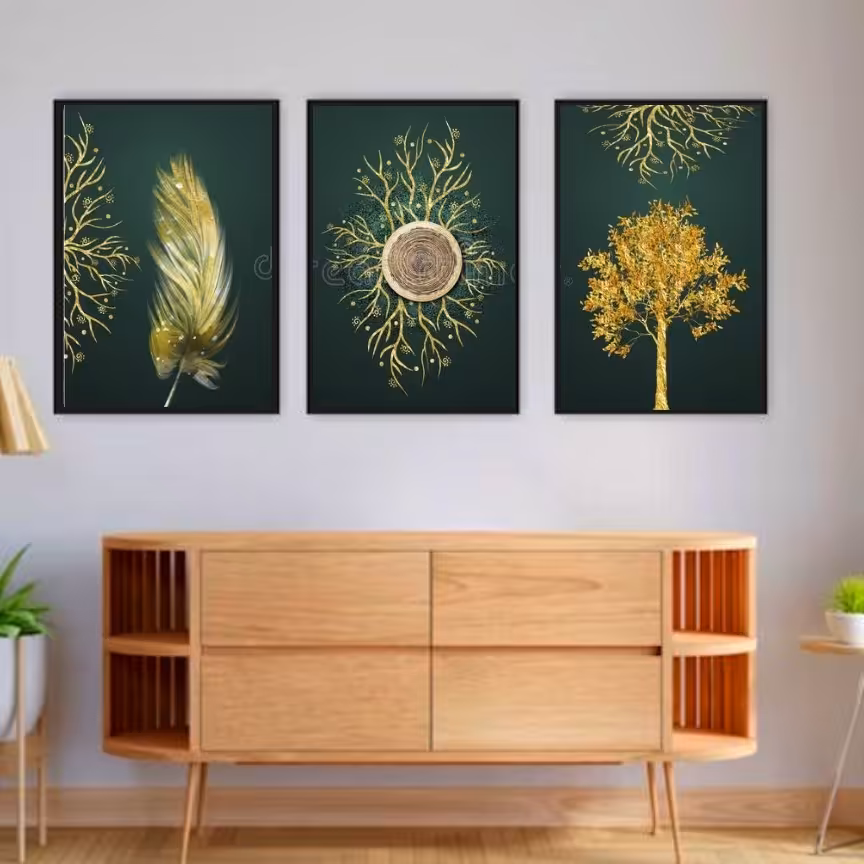 تابلو دکوراتیو  درخت طلایی وسبز سه تکه 