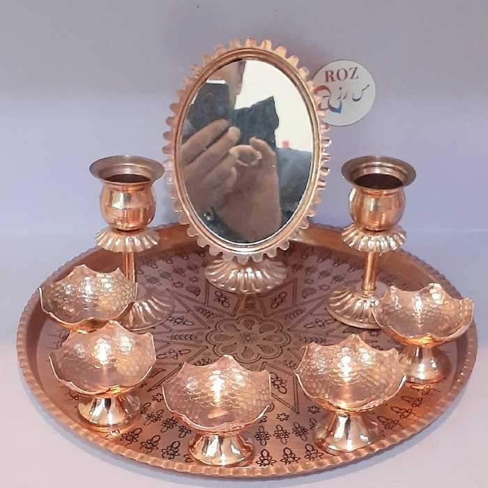 سرویس هفت سین ، سینی ، ائینه شعمدان و 6 عدد ظرف هفت سین مسی 