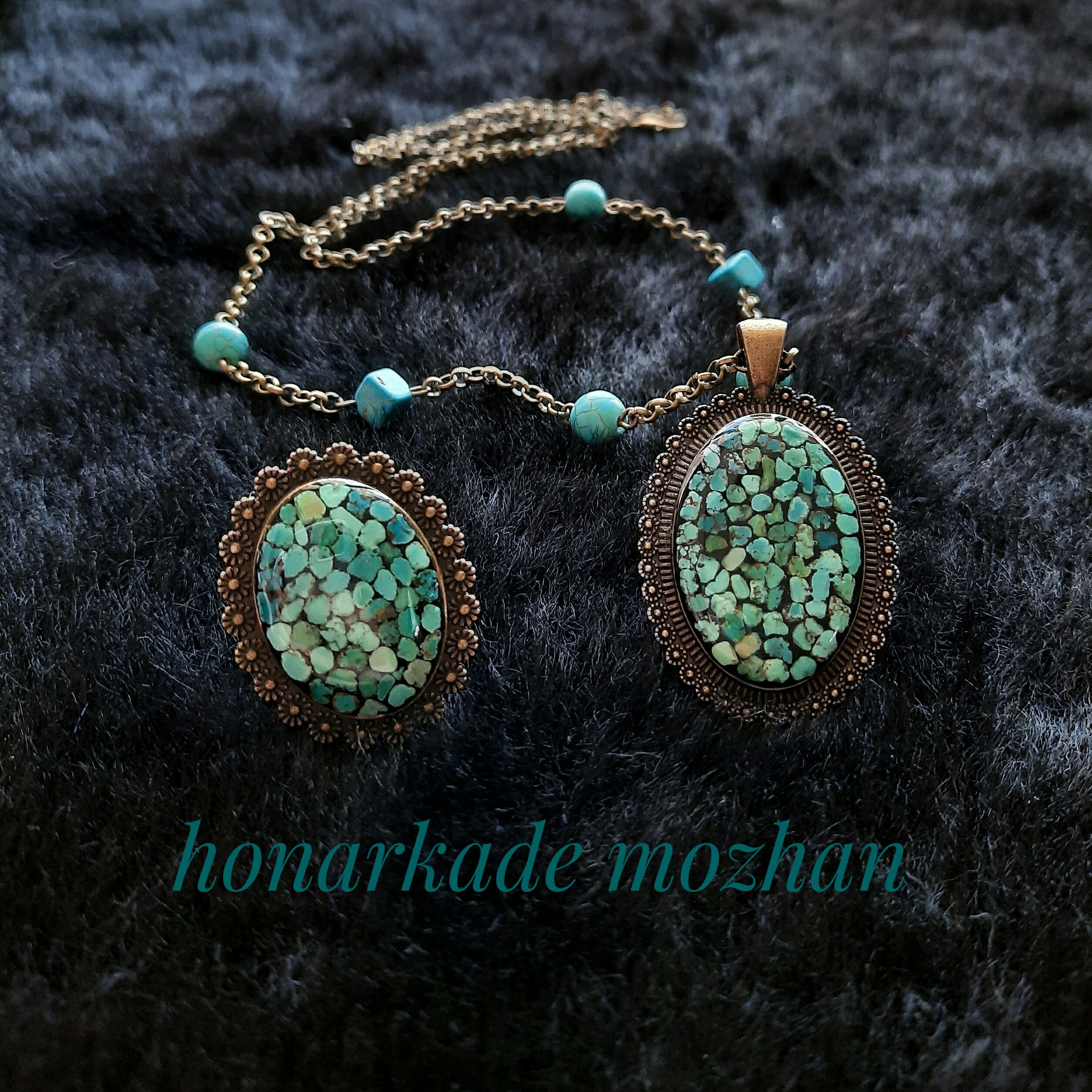 ست گردنبند و انگشتر فیروزه کوبی طرح بیضی