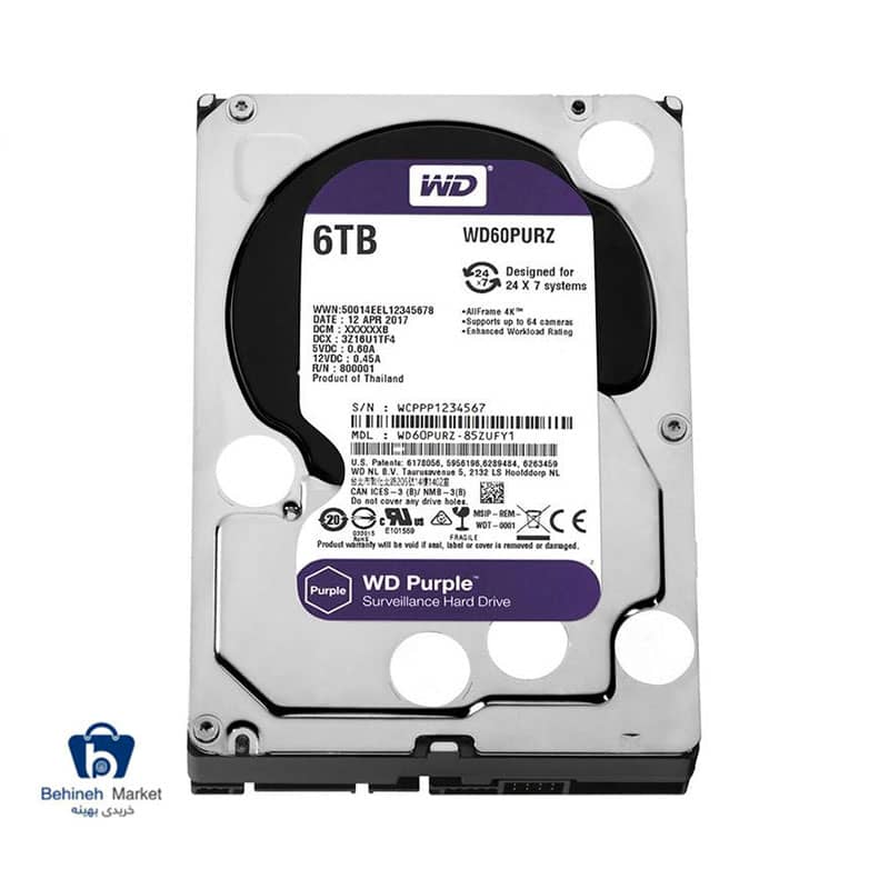 هارد اینترنال وسترن دیجیتال مدل Purple WD60PURZ ظرفیت 6 ترابایت