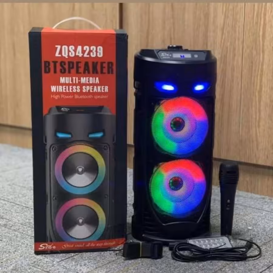 اسپیکر بلوتوثی اسپیکر بیسیم  دوبل باند 8 اینچ طراحی زیبا و خاص دارای میکروفون و ریموت و رقص نور متنوع    