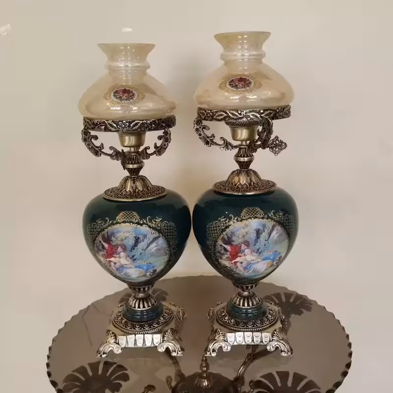 آباژور رومیزی برنزی سرامیکی مدل لامپا سبک کد 1864 مجموعه 2 عددی (آباژور برنجی)