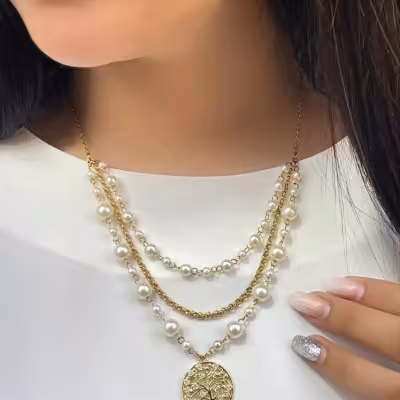 گردنبند  استیل مرواریدی با آویز درخت زندگی