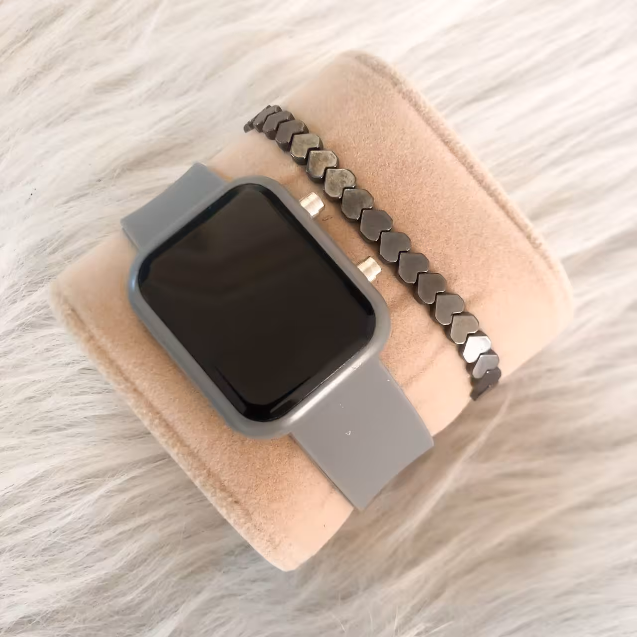 ست ساعت ال ای دی بندژله ای مستطیل طوسی همراه با دستبند 