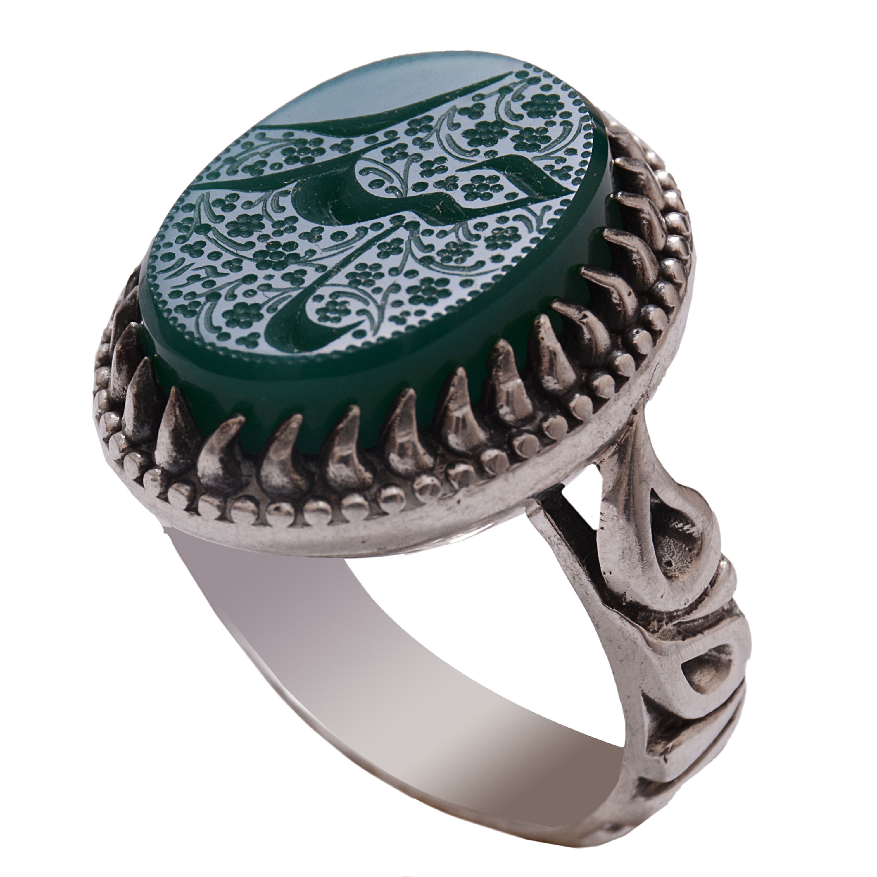 انگشتر نقره مردانه مدل عقیق سبز حکاکی دستی یا حیدر