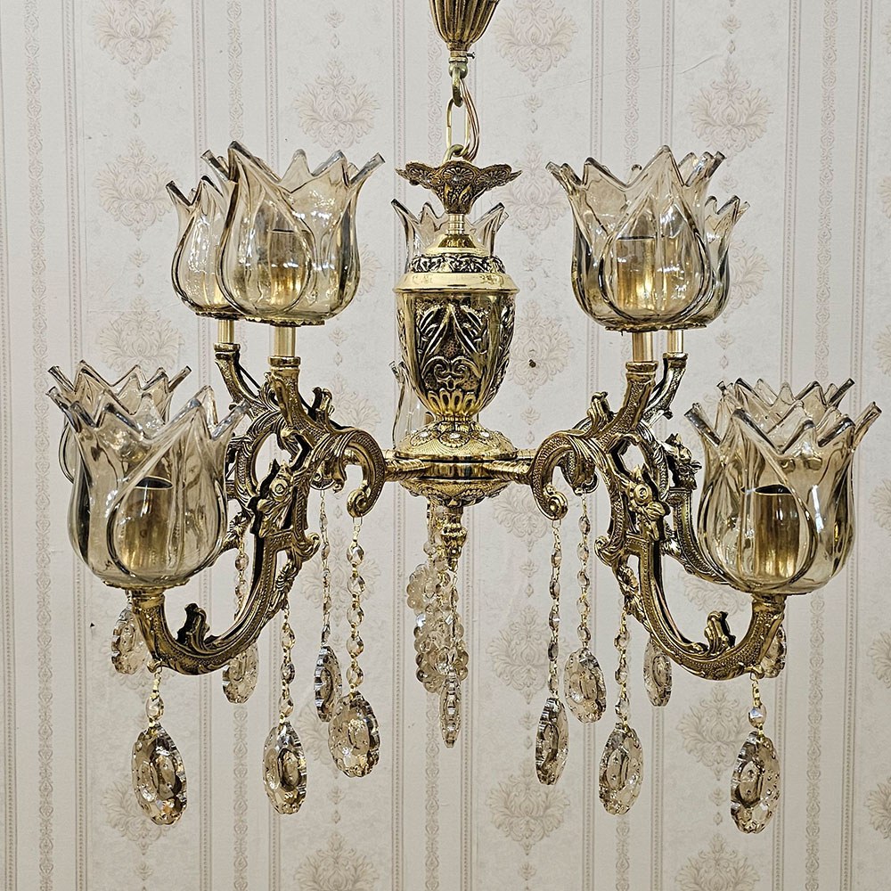 لوستر برنز مدل دو گل بزرگ 5 شاخه 10 شعله کد 6023 ( لوستر برنزی برنجی )