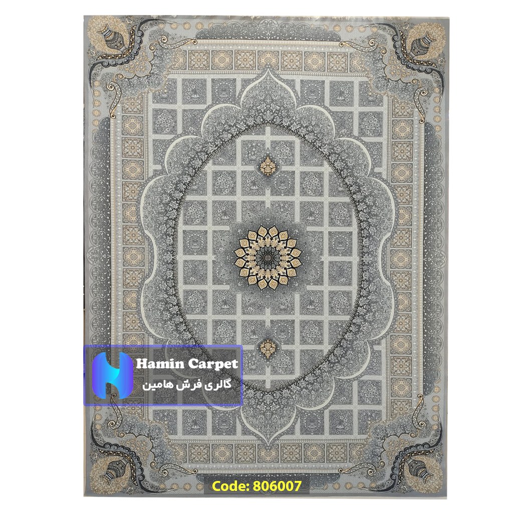 فرش 4 متری 700شانه تراکم 2550 نخ آکلریک رنگ زمینه نقره ای کد AR806007