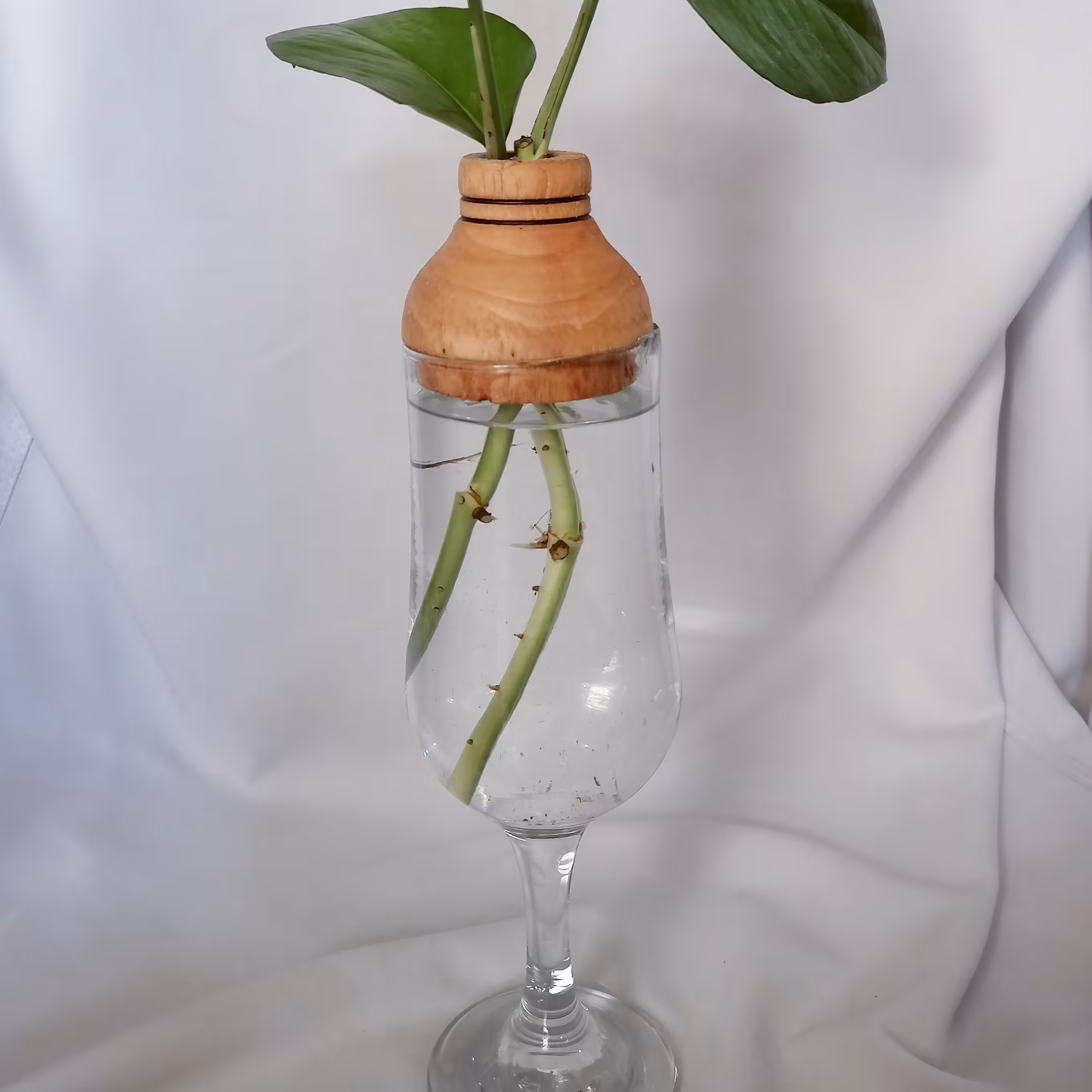 گلدان قلمه چوبی خراطی  ترکیب چوب و شیشه ارتفاع 26 cmقطر7cm