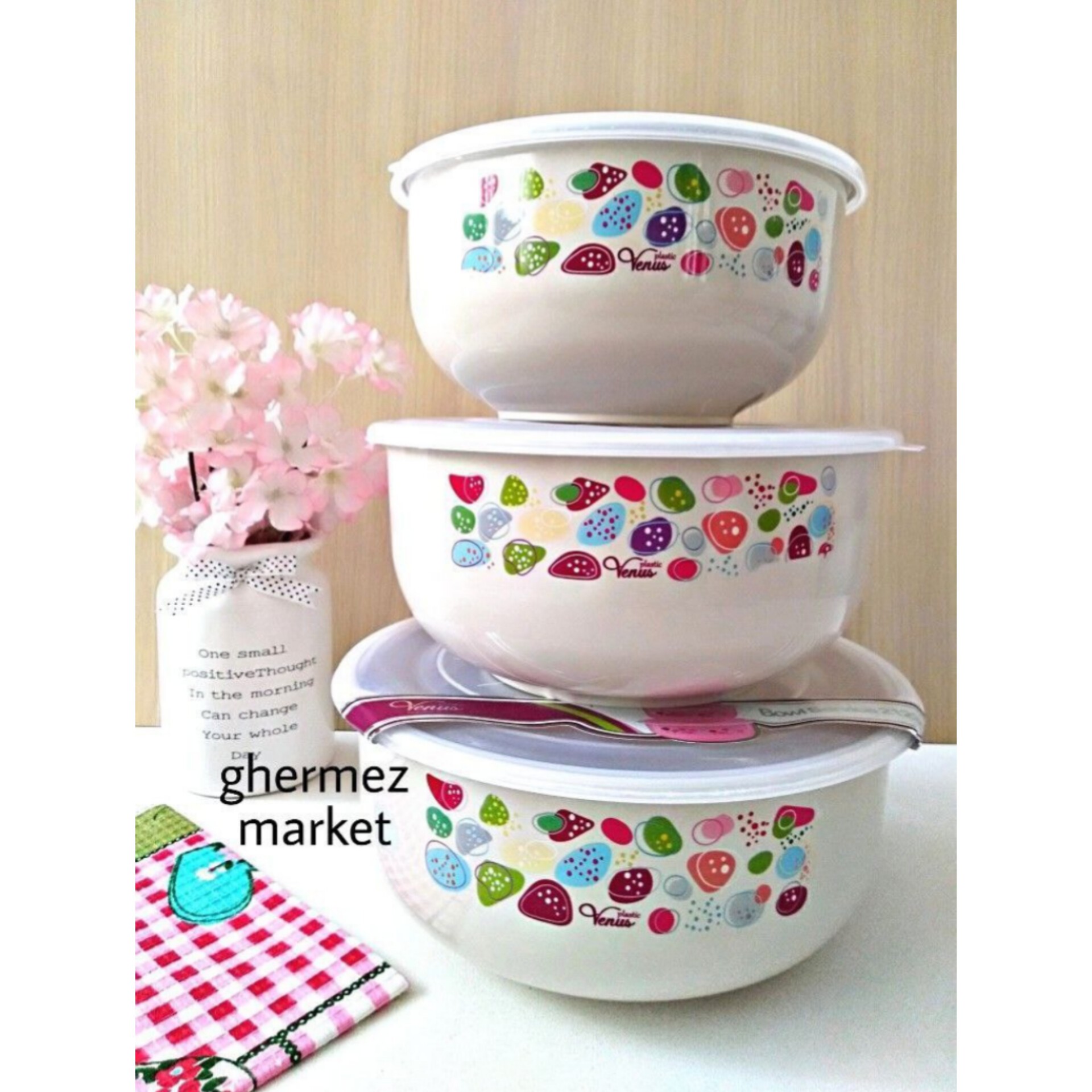 کاسه سه سایزی دردار  بزرگ  کرم، نگهداری مواد غذایی و سالاد در یخچال