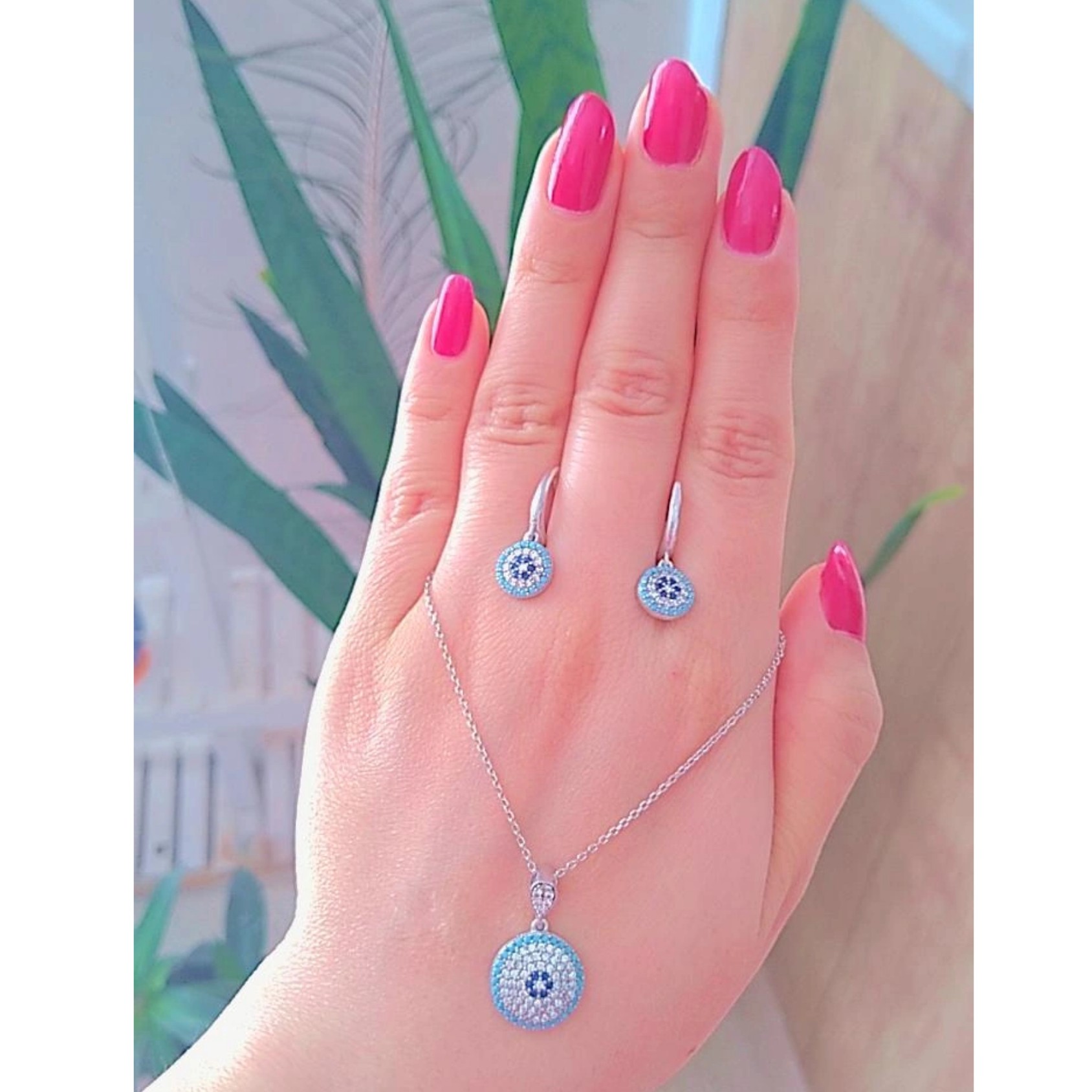 نیم ست نقره زنانه چشم نظر عیار 925استاندارد ضد حساسیت بدون ریزش نگین و آبکاری طلاسفید