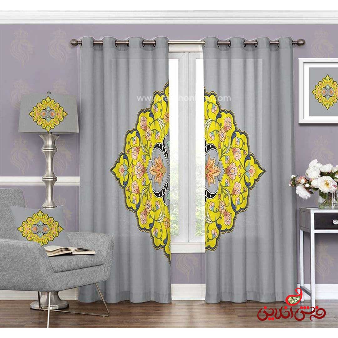 پرده سنتی زرد و طوسی کد 3294
