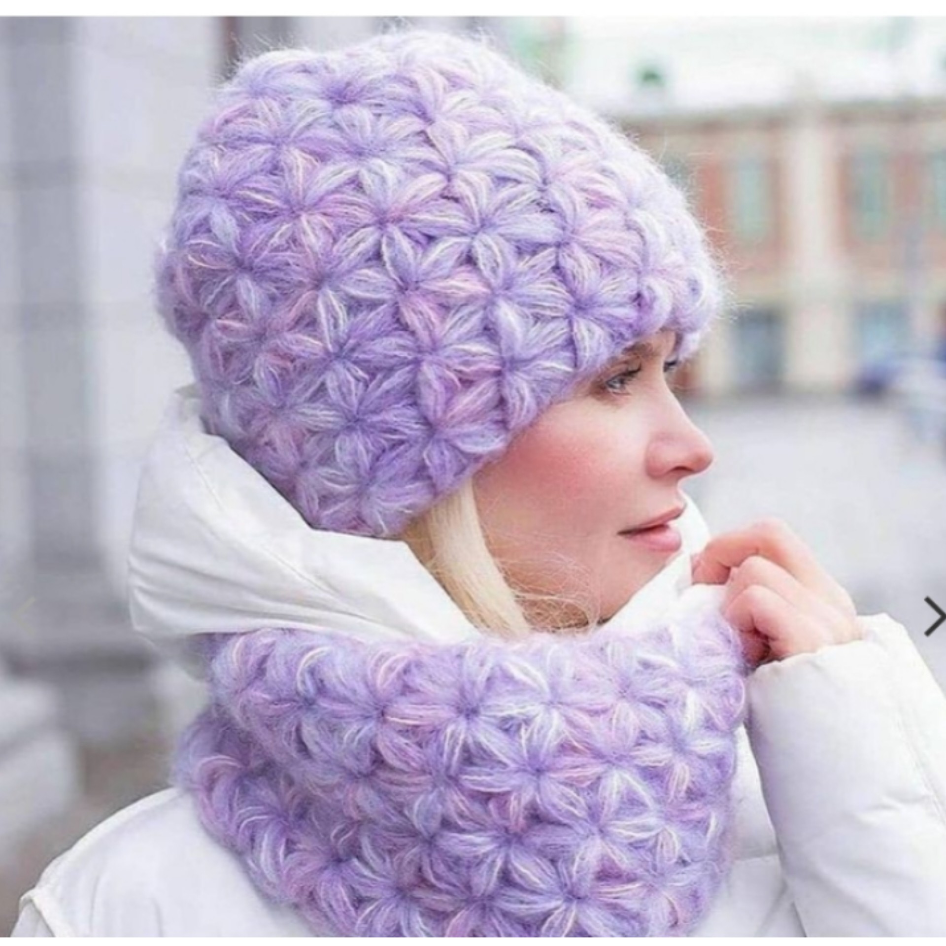 شال و کلاه دستبافت ستاره ای زنانه رنگ یاسی باکاموا ترک