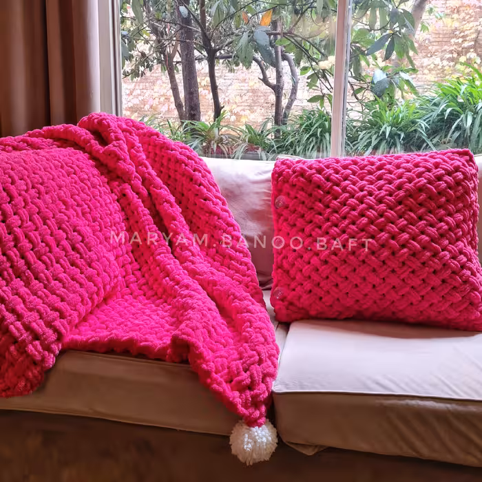 شال مبل و  رویه کوسن پافی  مریم بانو،  مدل بافت حصیری