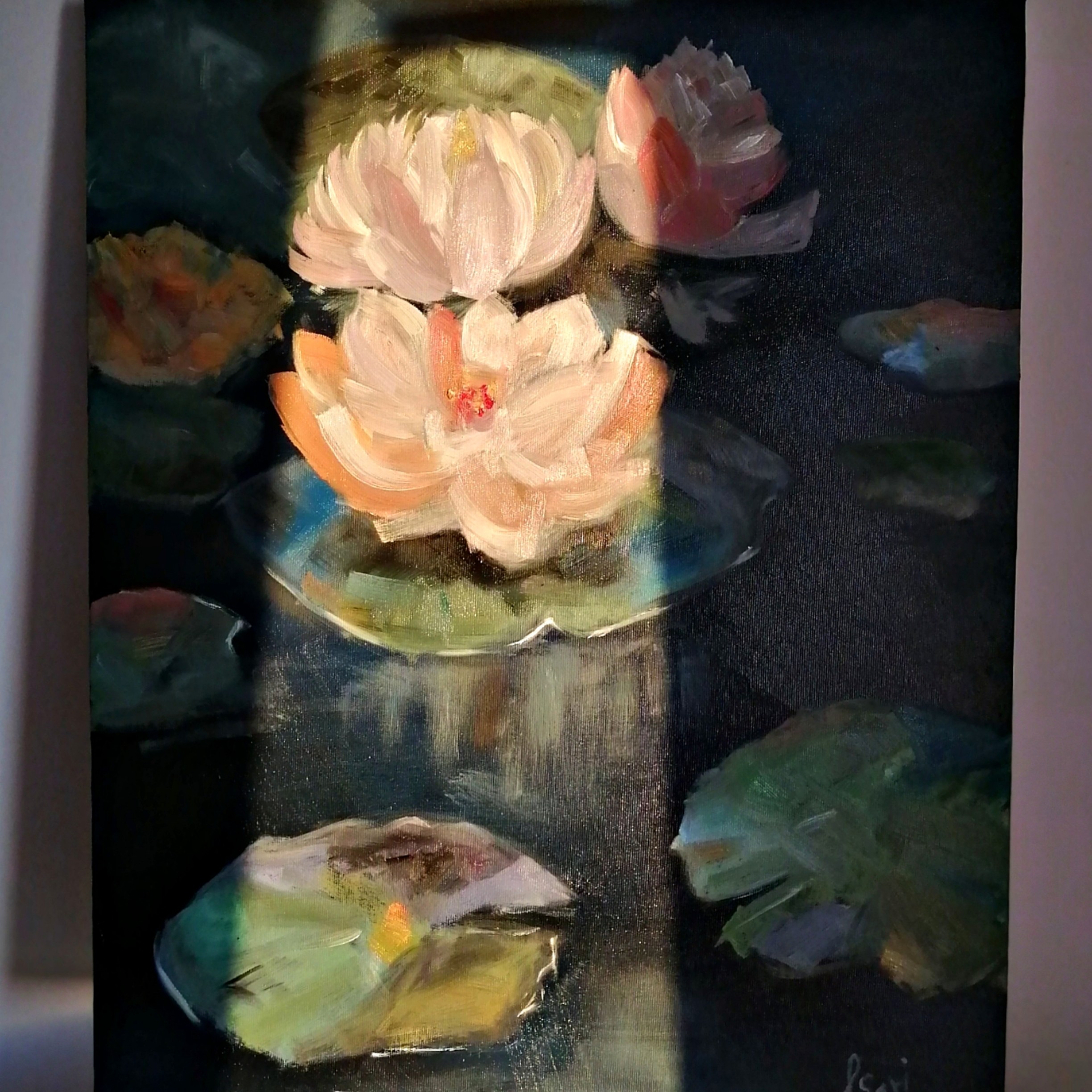 تابلو نقاشی رنگ روغن سبک امپرسیونیسم نیلوفر آبی