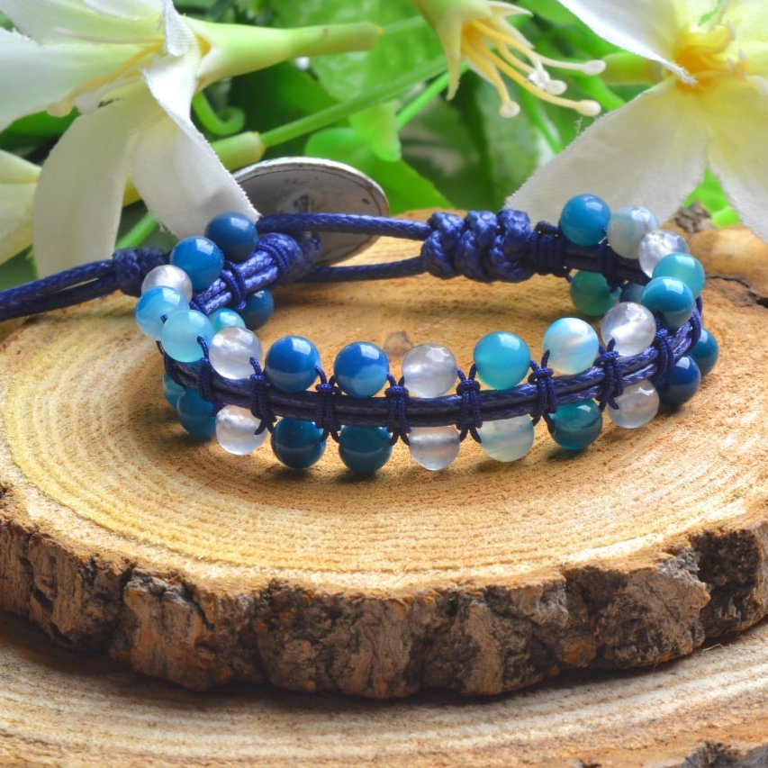 دستبند دوردیفه عقیق آبی با چرم مصنوعی