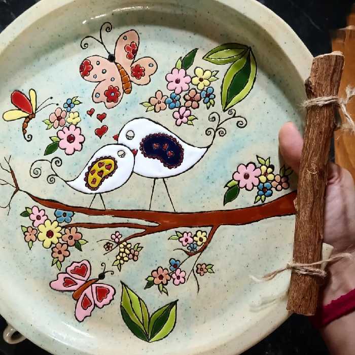 مجموعه چایخوری سفالی دست ساز  طرح سنتی تکنیک ترکیبی میناکاری و زیرلعابی