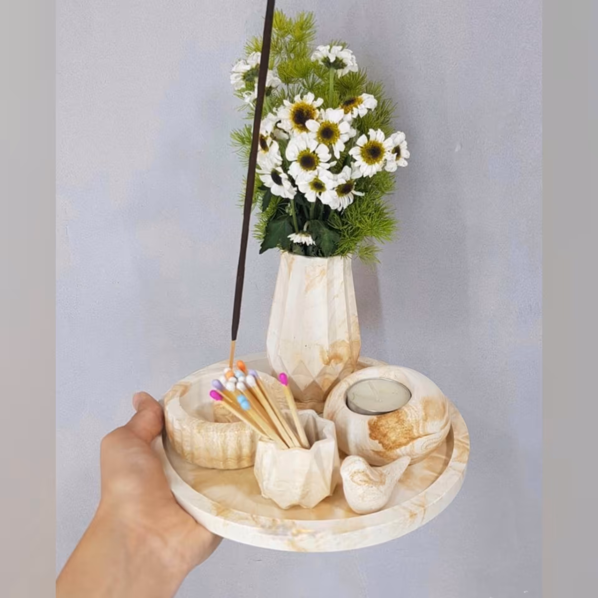 ست دکوری سنگی آرامش رنگ کرم شمع هدیه