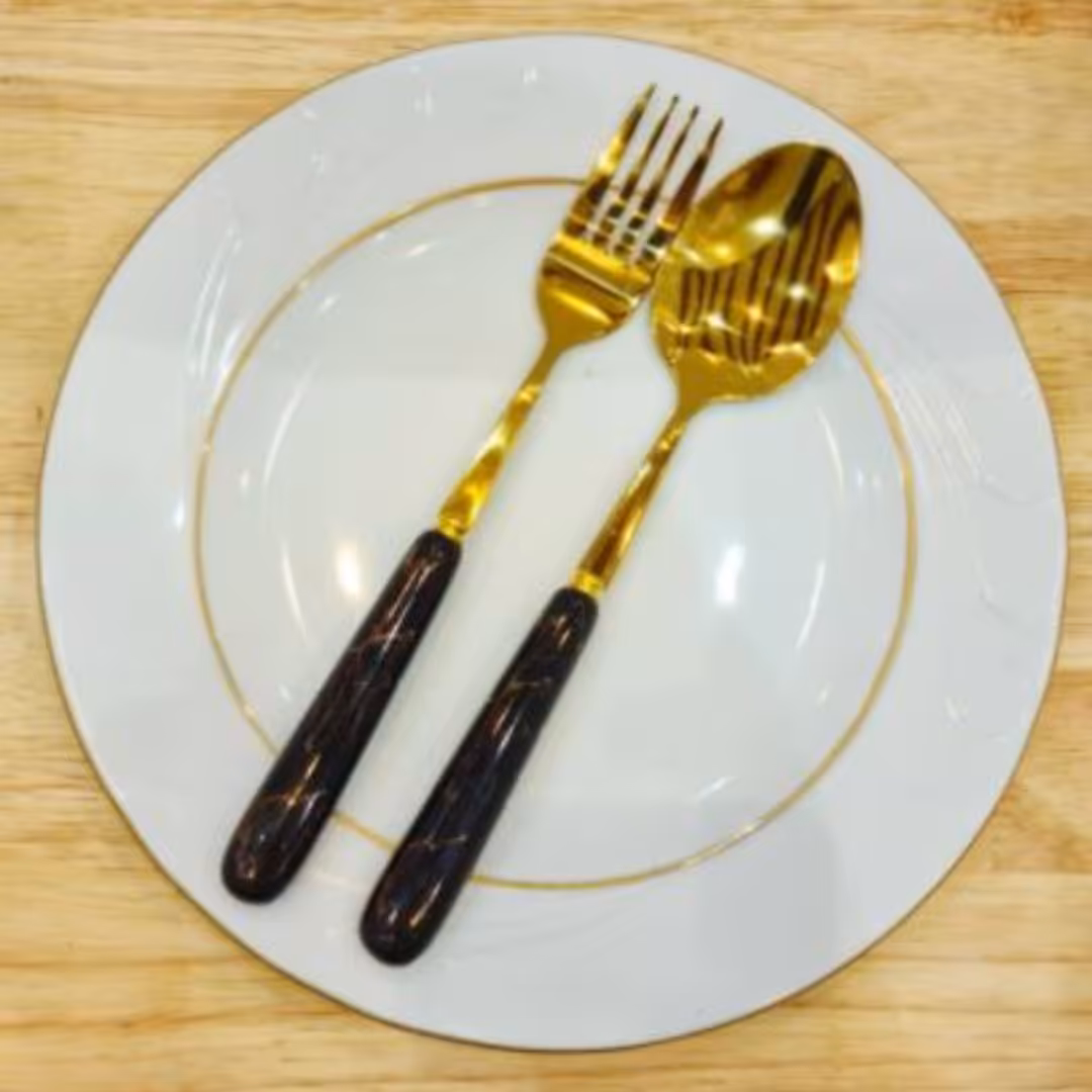 قاشق چنگال 12 پارچه طلایی مشکی رومانتیک ماربل