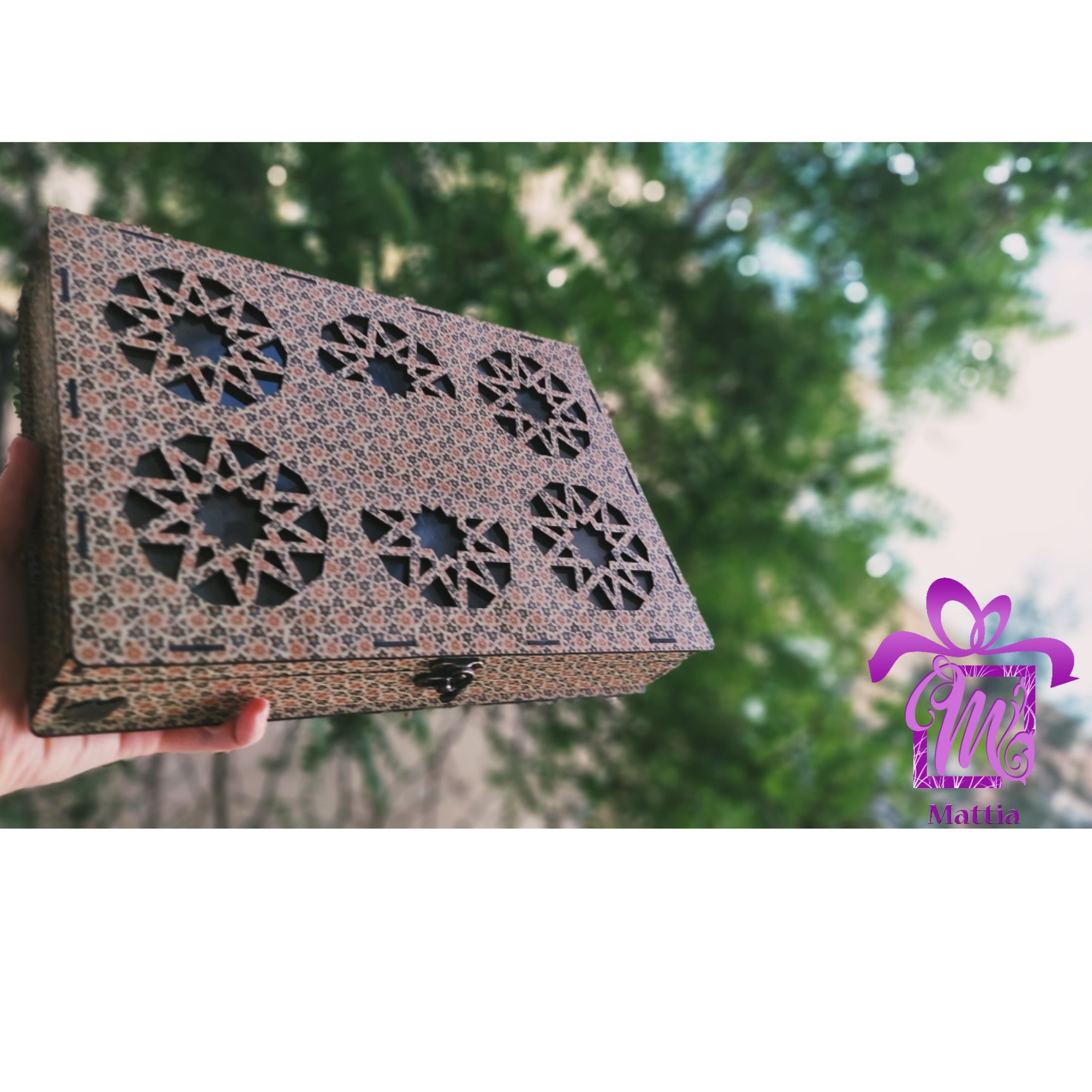جعبه پذیرایی 6 تایی چوبی طرح خاتم کاری ابعاد 32x22x6