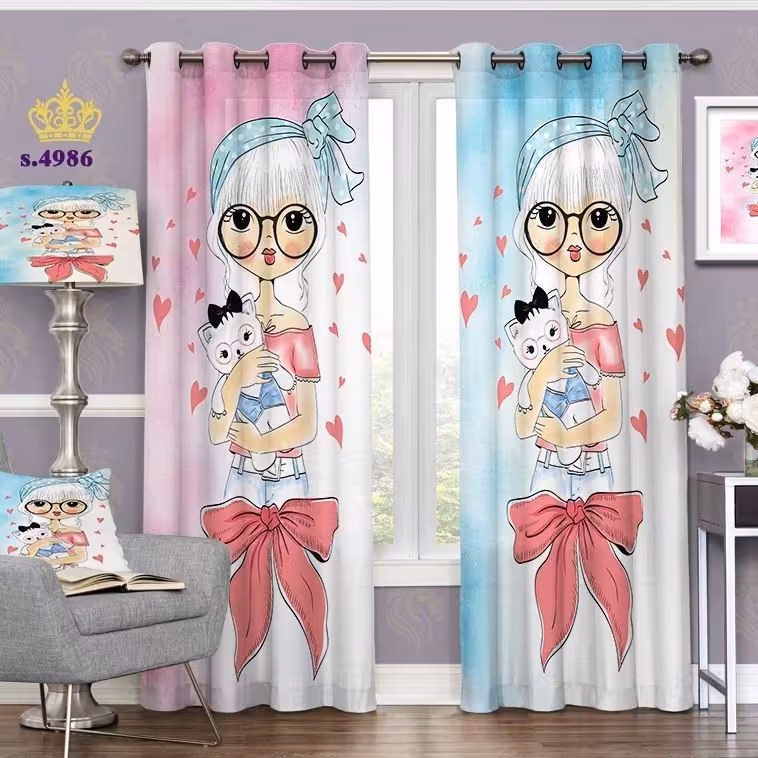 پرده اتاق خواب کودک دو قواره پانچ طرح دختر و خرس کوچولو کد S4986