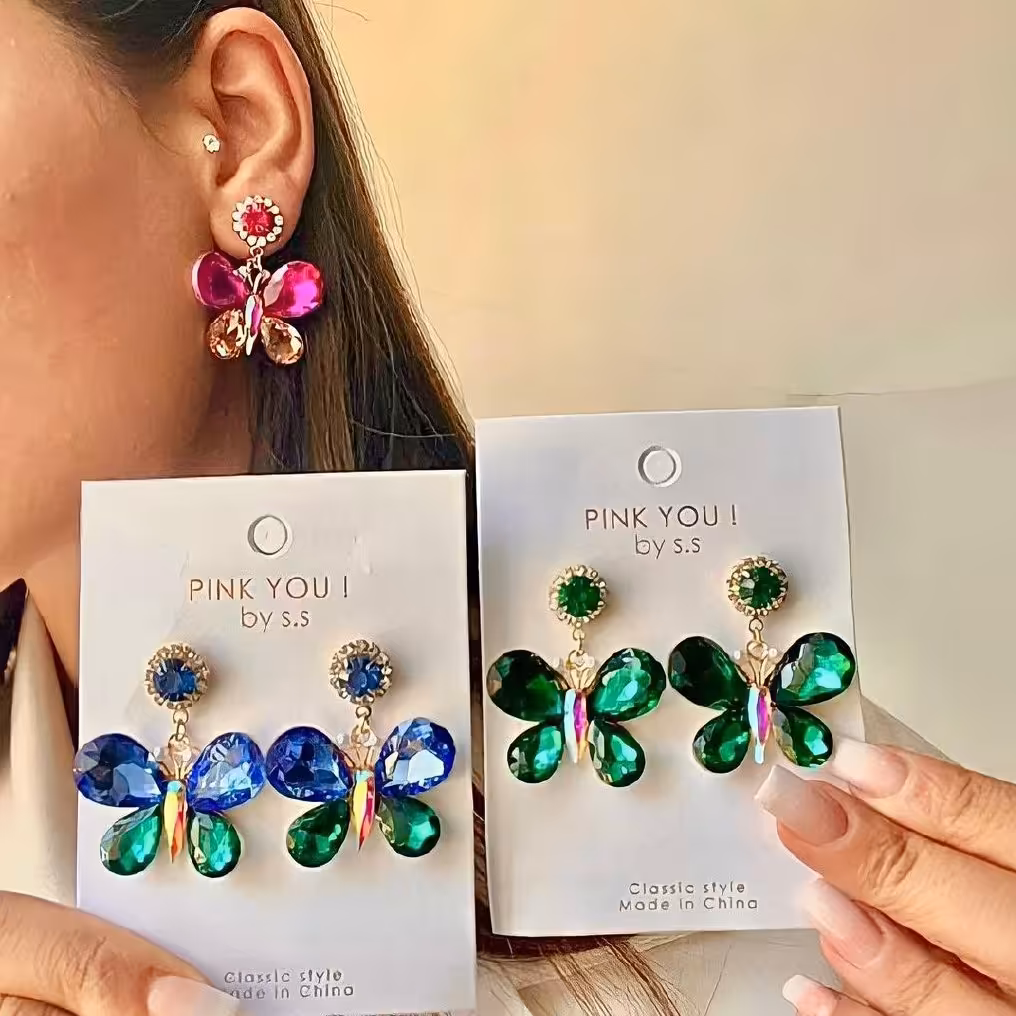 گوشواره پروانه ای کریستال رنگی  ضد حساسیت