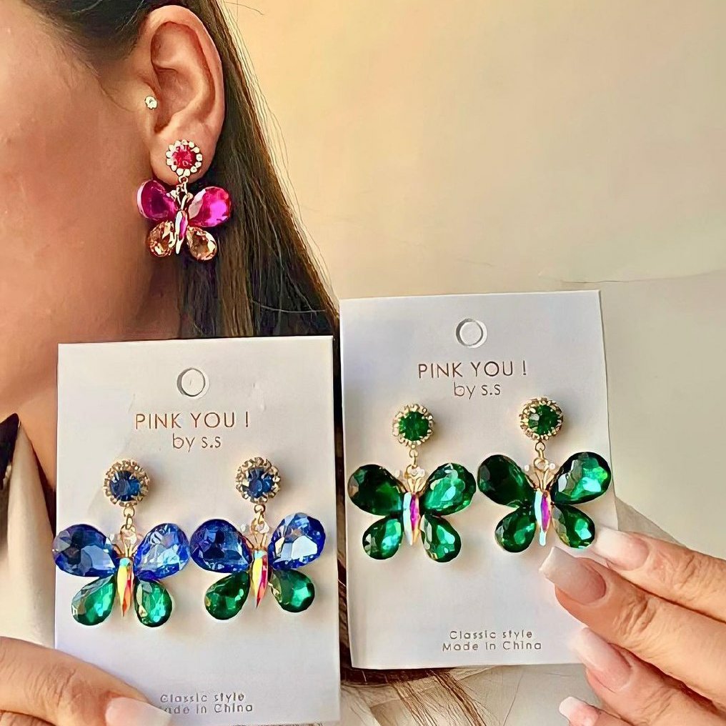 گوشواره پروانه ای کریستال رنگی ضد حساسیت