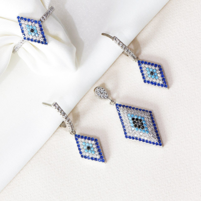 نیم ست نقره چشم زخم طرح لوزی کد 1614