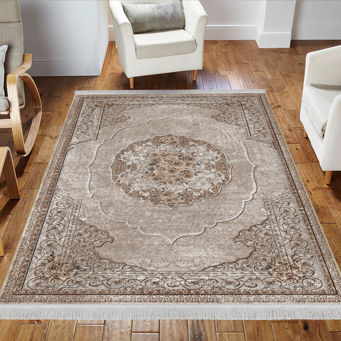 فرش شیک و ساده با طرح ترنج رنگ نسکافه‌ای WA-1765