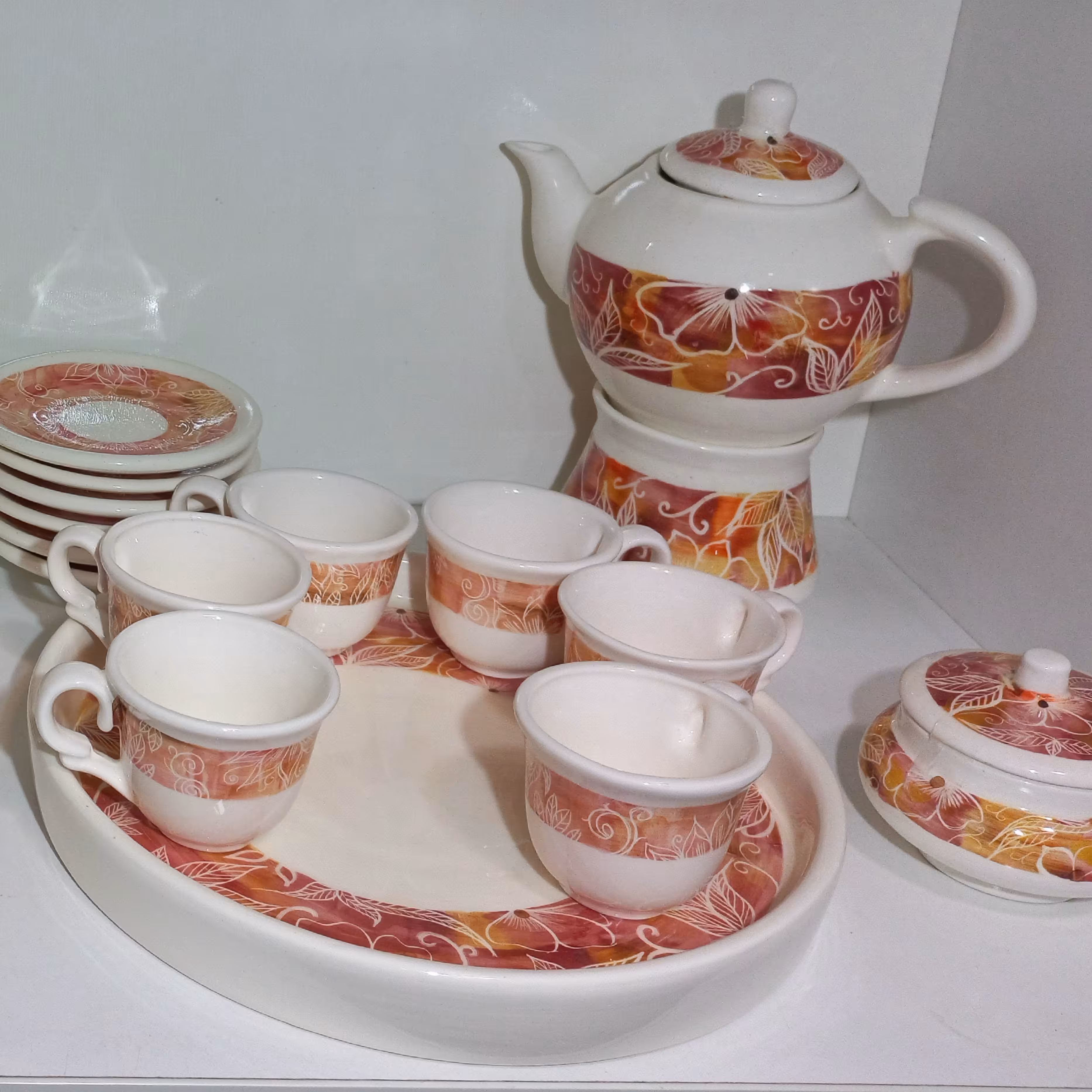 سرویس چایخوری و قهوه خوری سرامیکی دستساز با قوری و وارمر