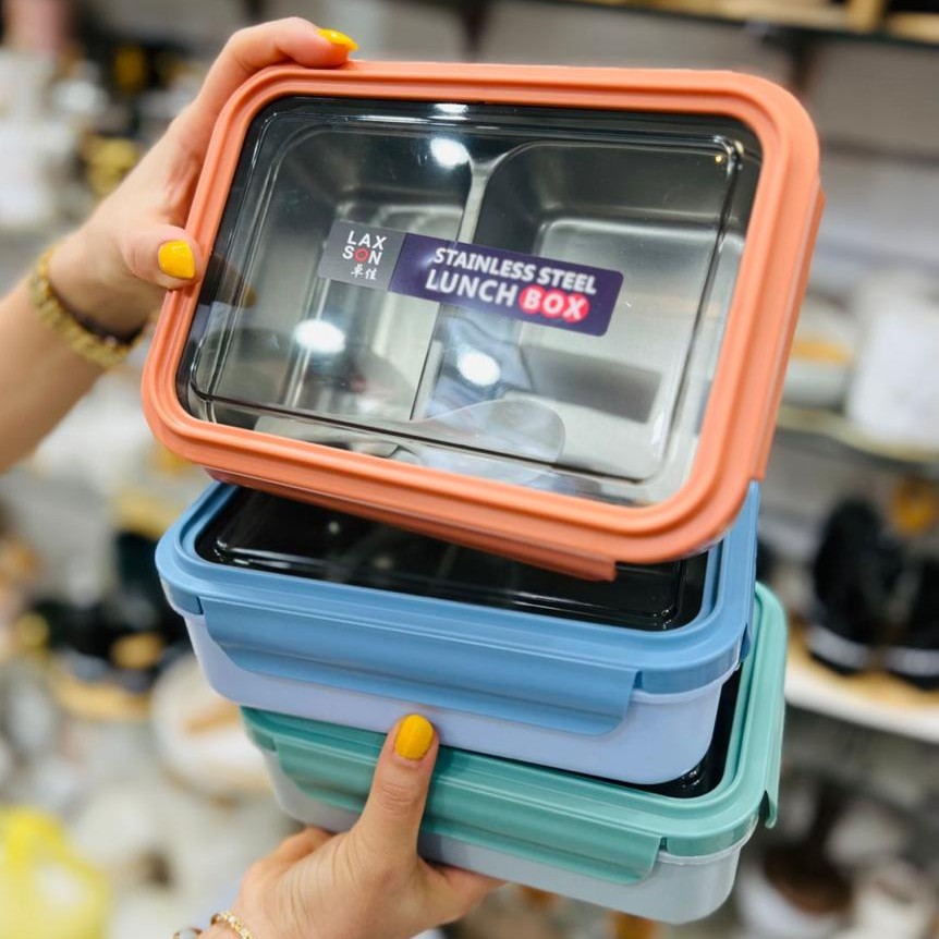 ظرف غذای سر دار  سه خانه در سه رنگ مختلف رنگ نارنجی 