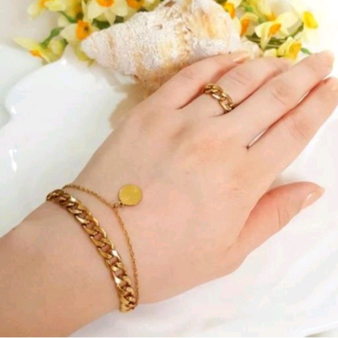 دستبند و انگشتر ست کارتیر  استیل دولاین با آویز سکه ( لاوین گالری)