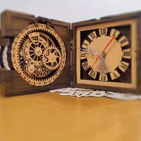 تقویم رومیزی دائمی چرخدنده ای و ساعت رومیزی از  جنس ام دی اف سه میل روکش دار  به ابعاد 15 در 15 به ضخامت 6 سانتی متر