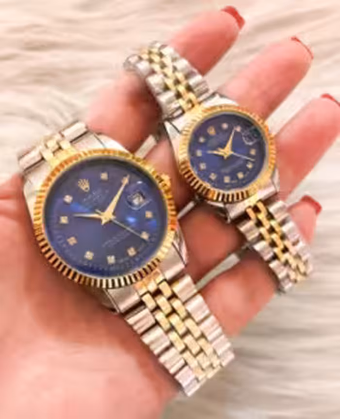 ست ساعت رولکس زنانه مردانه باهم بند استیل صفحه آبی