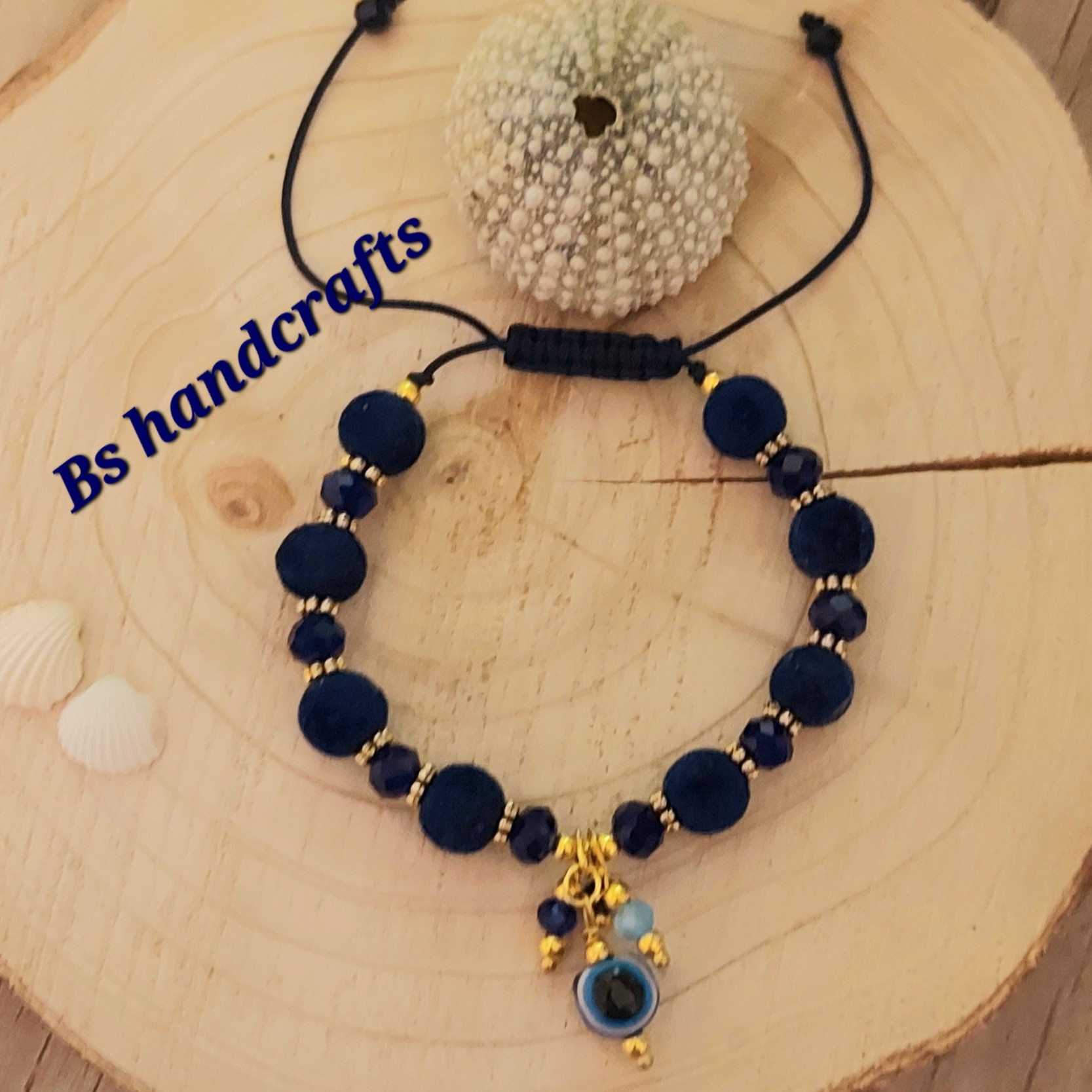 دستبند  مخمل چشم نظر - مهره های مخمل و بند قابل تنظیم رنگ سورمه ای