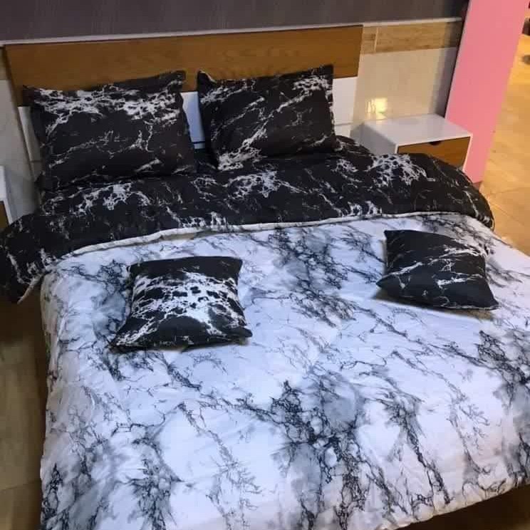 روتختی کتان پلی استر کد 309 طرح سنگی ماربل سفید مشکی