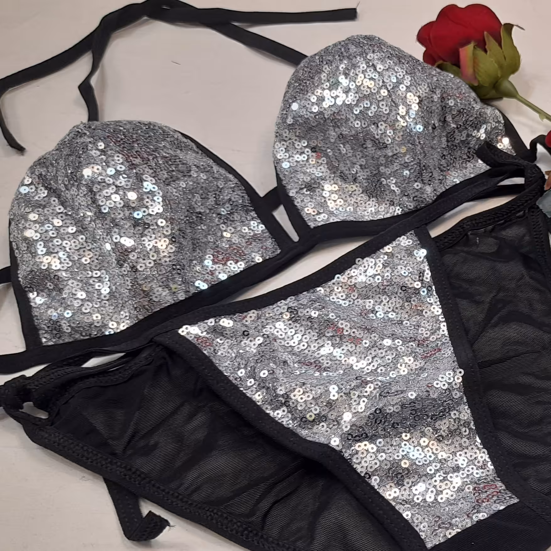 ست فانتزی پولک دار  نقره ای  فری سایز