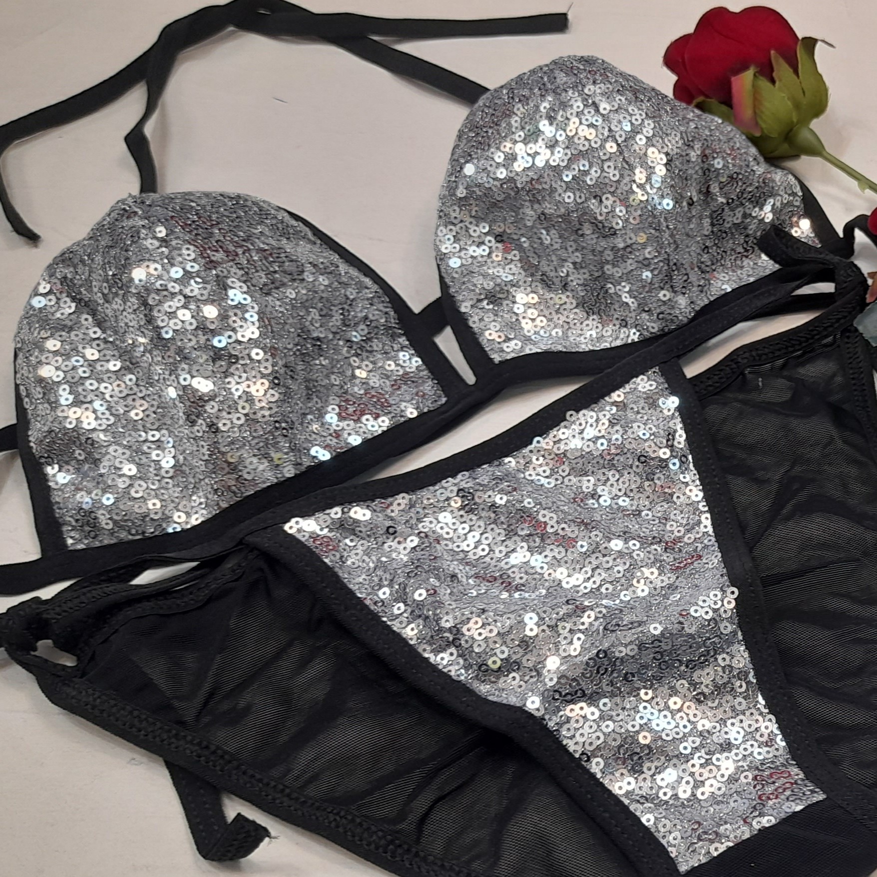 ست فانتزی پولک دار  نقره ای  فری سایز