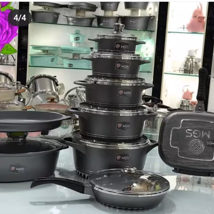 سرویس قابلمه کامل گرانیتی 22 پارچه mgs پنچ عدد قابلمه با دربش سایز 16 20 24 28 32.کف رینگی