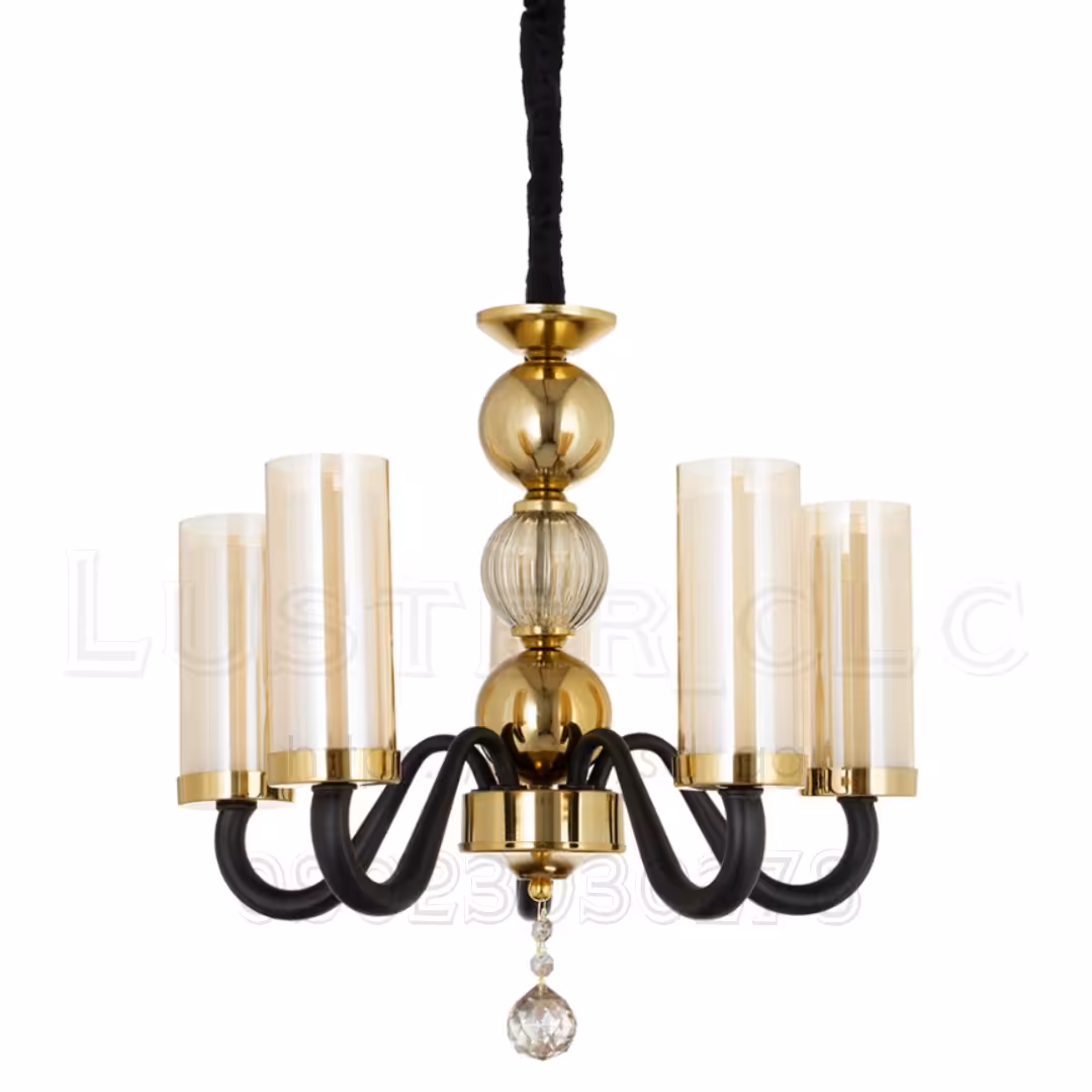 لوستر مشکی طلایی سالن پذیرایی اتاق آشپزخانه پروفیلی فلزی ارزان مدرن جدید آبکاری فورتیک و استاتیک باضمانت 5 شاخه کد M8052