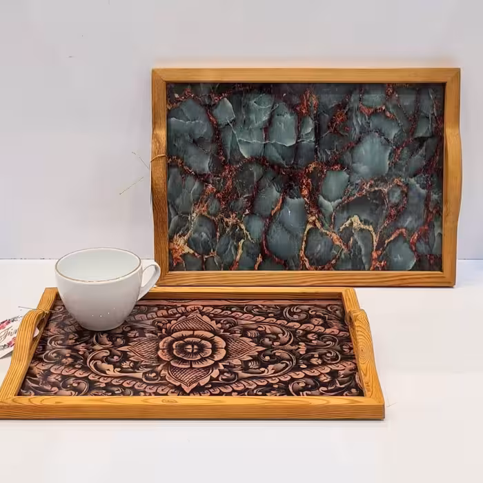 سینی چوبی کف شیشه ای طرحدار 