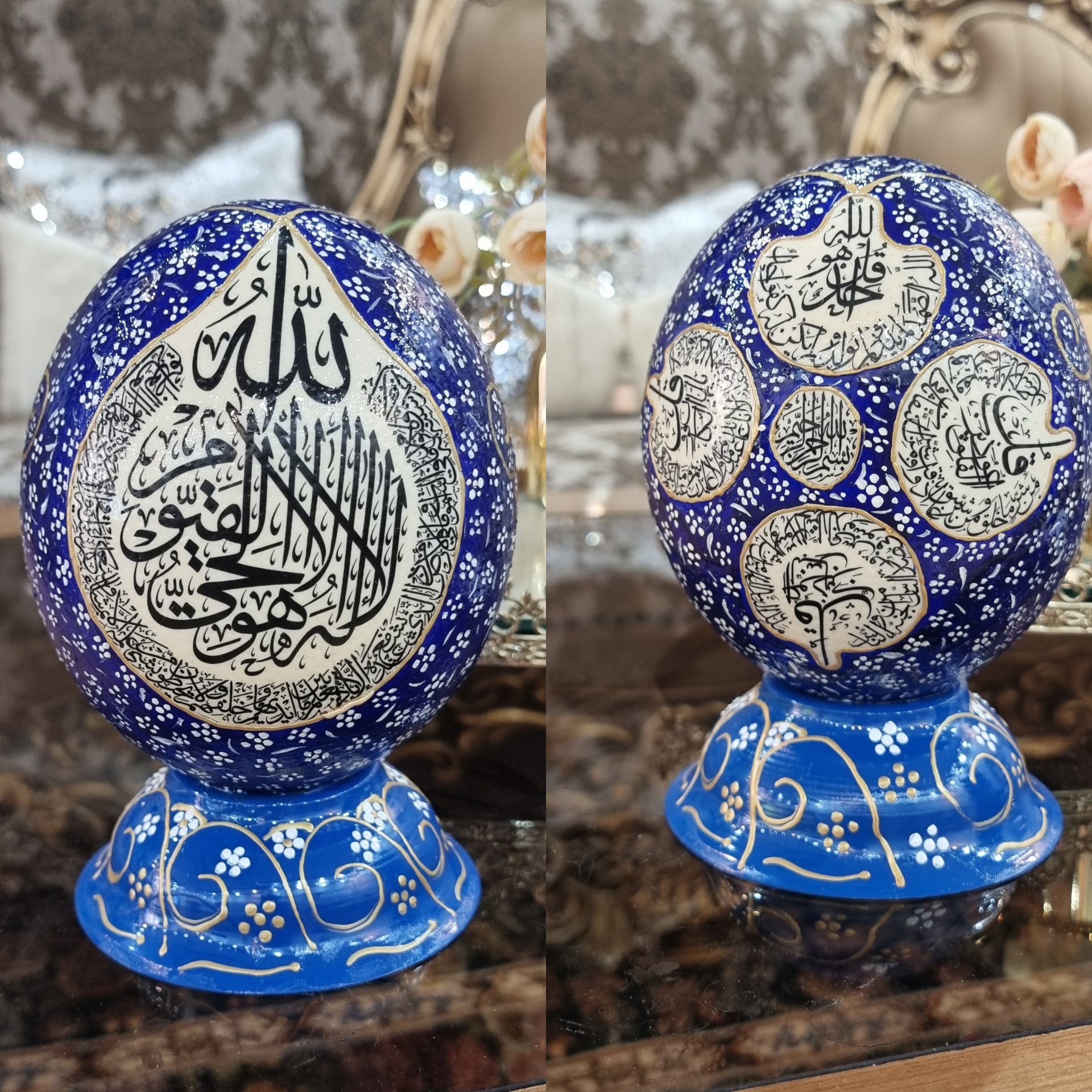 نقاشی روی تخم شترمرغ طرح ایت الکرسی رنگ آبی تیره (پس کرایه)