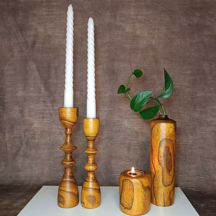 شمعدان چوبی جا شمعی و گلدان چوبی رنگ گردویی مات
