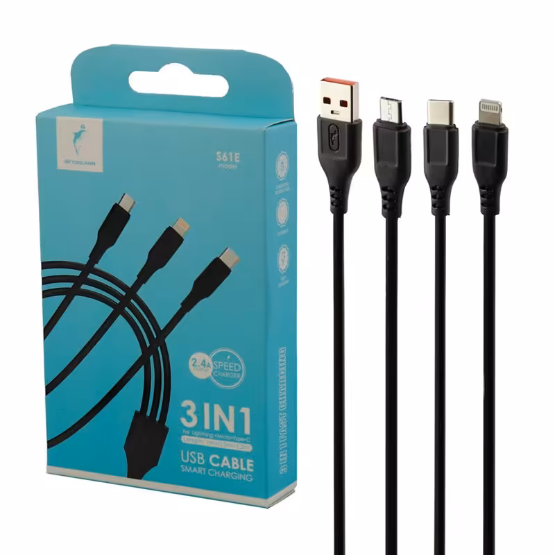 کابل شارژ 3 سر برند دلفین sky dolphin مدل 61 با کابل 1.2 متری 2.4 آمپر خروجی میکرو ، لایتنینگ و type c