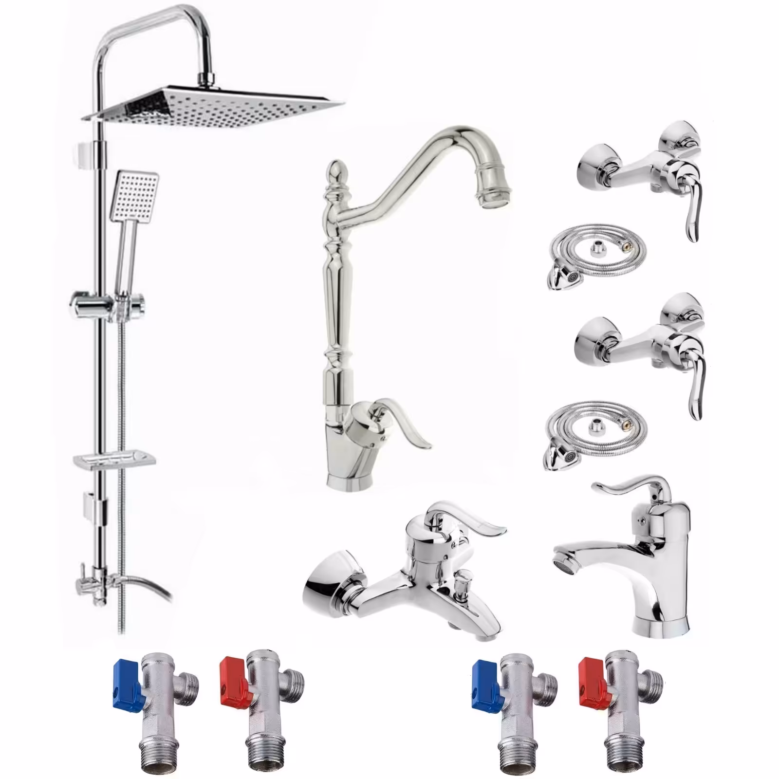 ست شیرآلات رز مدل بیزانس لایت مجموعه 12 عددی کروم به همراه علم دوش حمام دوکاره تمام استیل و شلنگ توالت برنجی 