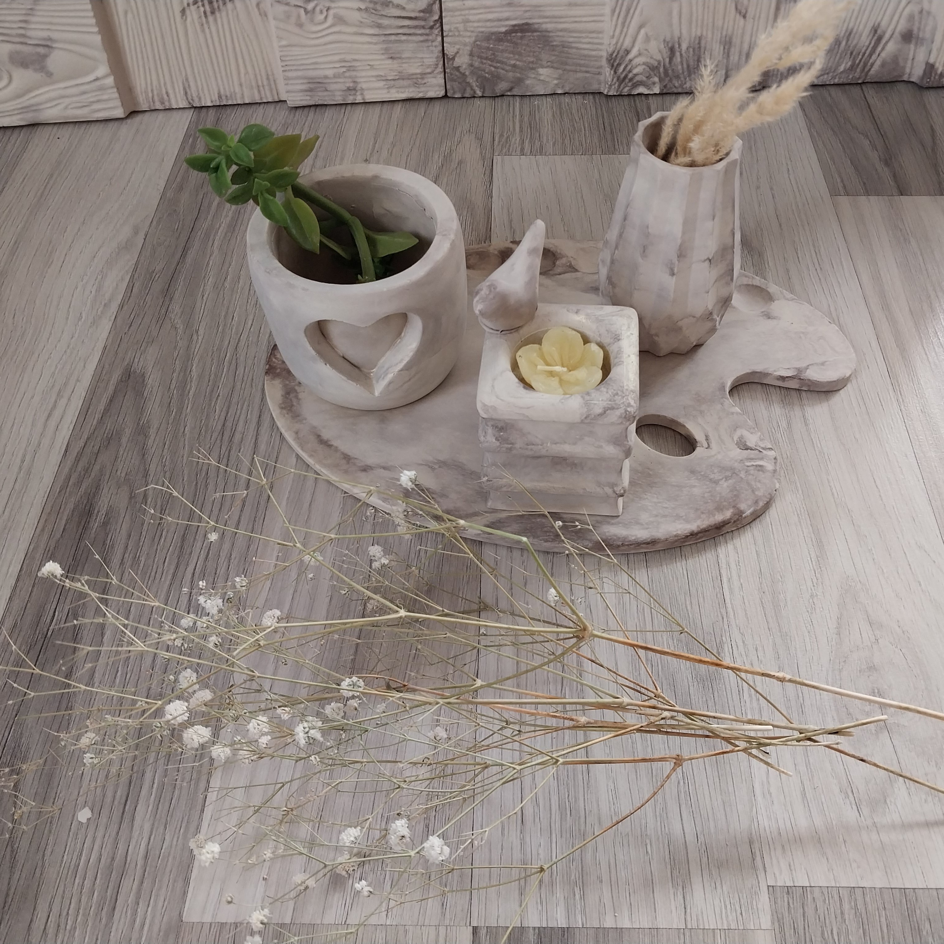 ست سنگ مصنوعی 5 تکه کرم قهوه ای-طرح چوب- شامل گلدان و جاشمعی و پرنده