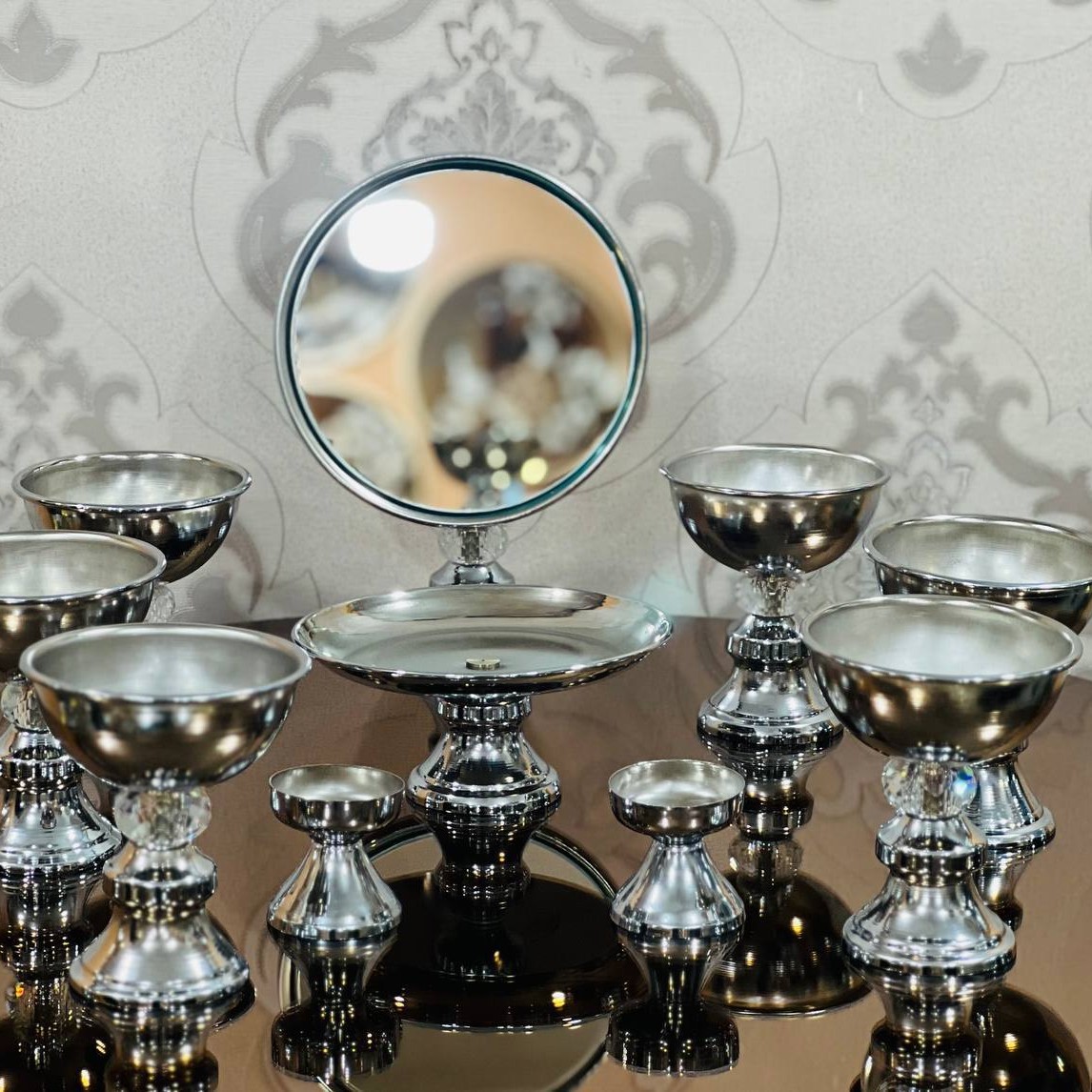 هفت سین کاسه نقره ای نگین دار همراه با آینا و شمعدان با آبکاری درجه یک